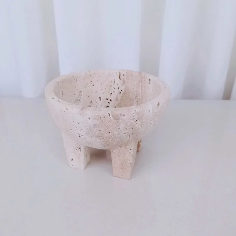 Modern minimalist wabi-sabi style natural yellow travertine three-legged round fruit tray for coffee table, living room, dining