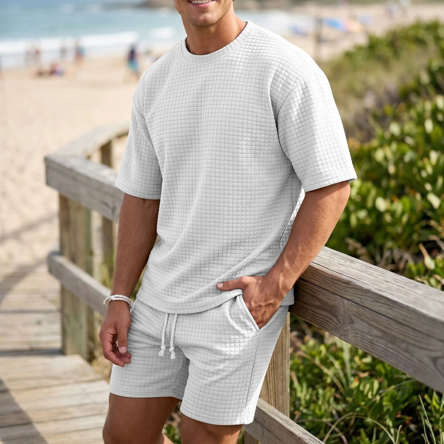 2026 Summer New Men's Short-sleeved Suit Heavy Jacquard Small Square Round Neck Casual Shorts Suit Men
