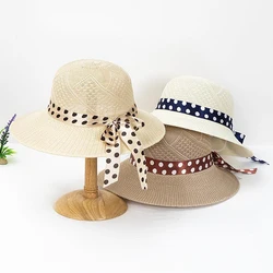 Sun Hats Wide Brim Bow Knot Straw Solid Color Women Hats Ladies Caps Sun Protection Ribbon Girls Outdoor Summer Sunshade Hat