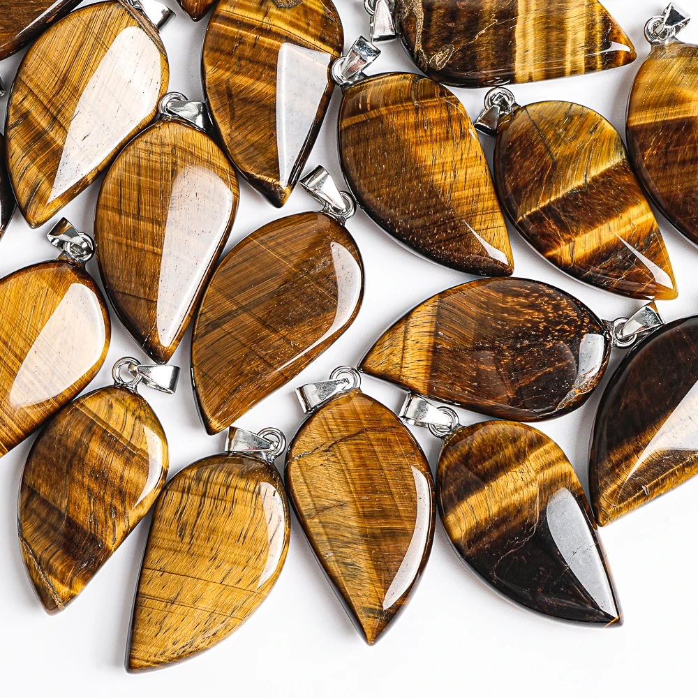 

1Pcs Classic Natural Gemstone 39X22X8mm Leaf Shaped Pendant Yellow Black Tiger Eye Pendant Jewelry Gift for Her