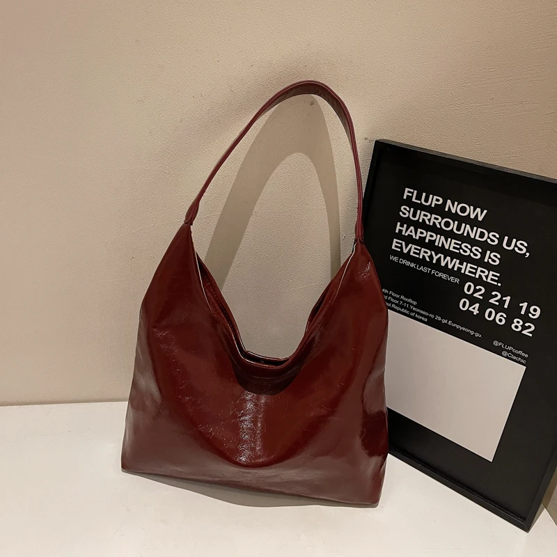 Soft PU Leather Underarm Bag Vintage Wine Red Ladies Shoulder Bag Commuter Large Handbag Women's Versatile Minimalist Tote Bag image 2