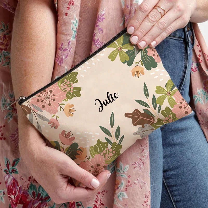 Retro Flower Custom Name Cosmetic Bag Travel Storage Zip Pouch Office Supplies Pen Case Wallet Gifts Wedding Bridesmaid Birthday