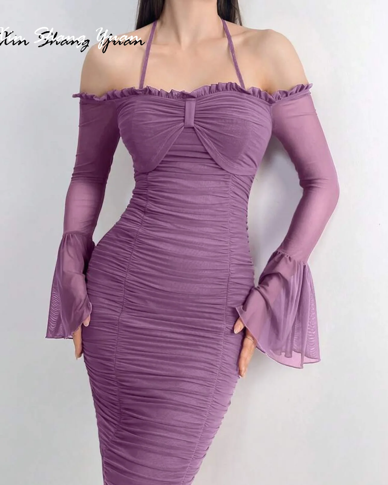 Customized Evening Dress Exquisite Chiffon Strapless Spaghetti Straps Long Sleeves Prom Gowns Straight Tea Length Party Dresses