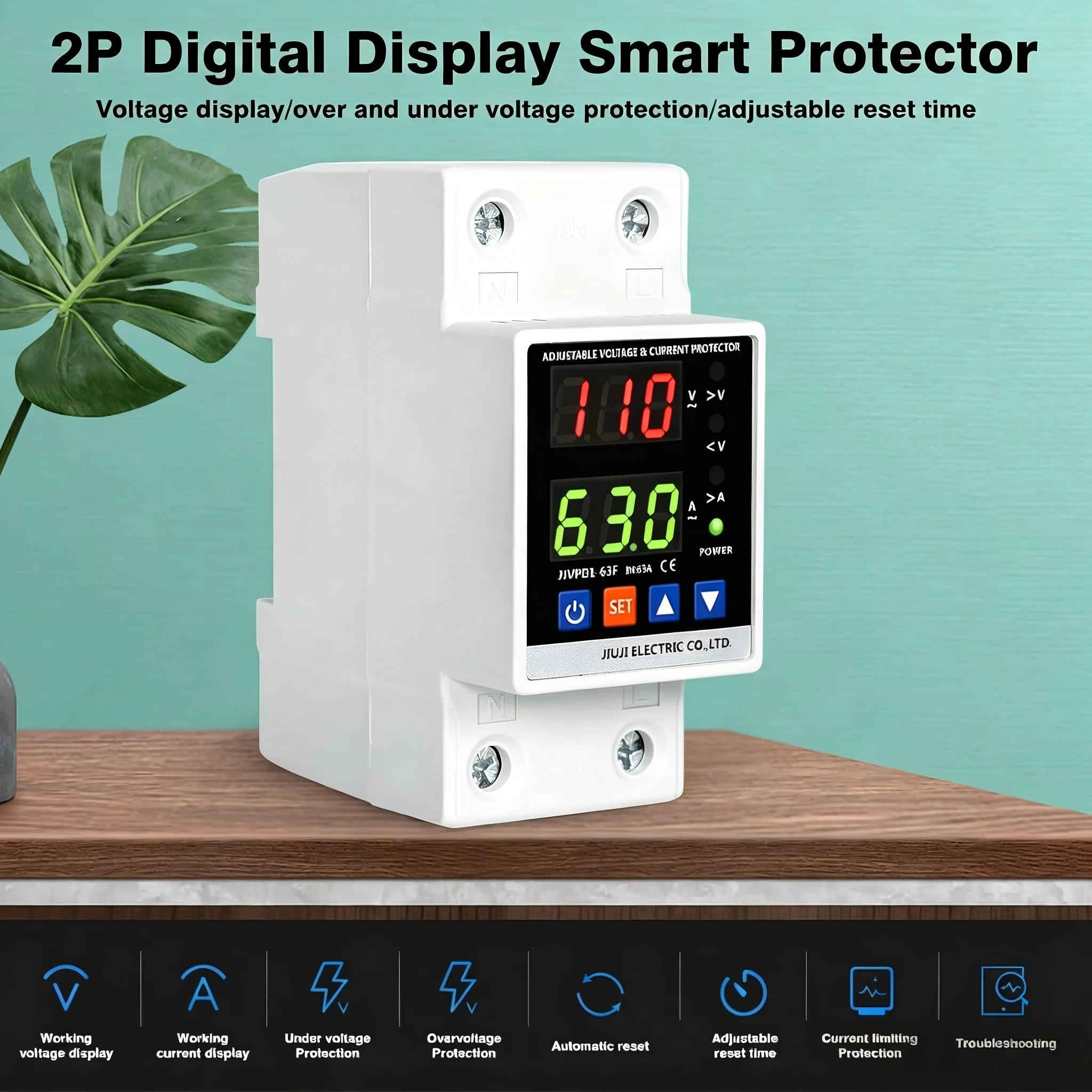 JIUJI 63A DIN Adjustable Overvoltage and Undervoltage Current Protector AC 110V Self Resetting Digital Voltage Protection Switch