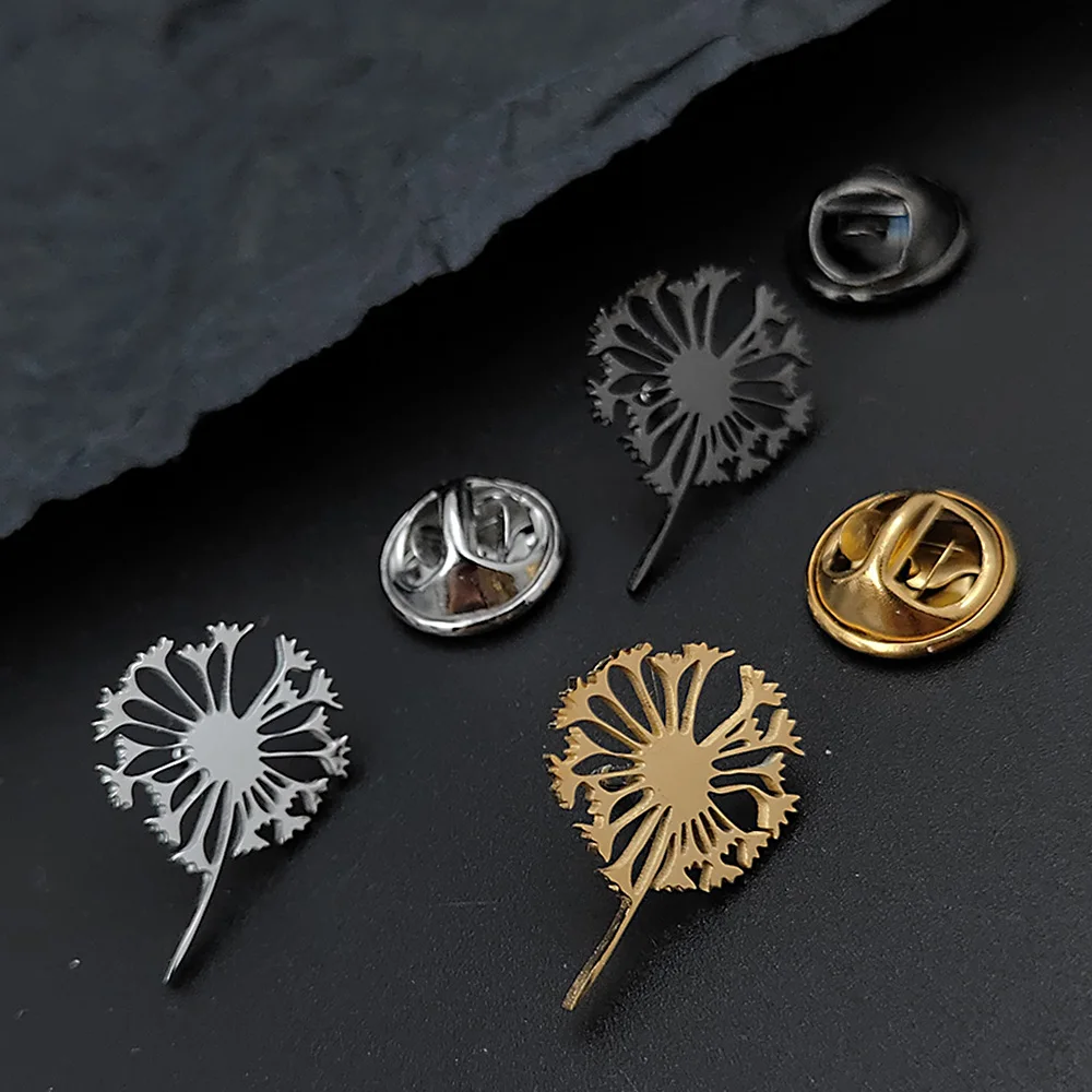 Stainless Steel Dandelion Flower Brooch for Mens 2-color Charming Plant Party Daily Clothing Suit Lapel Pins Jewelry Accessories