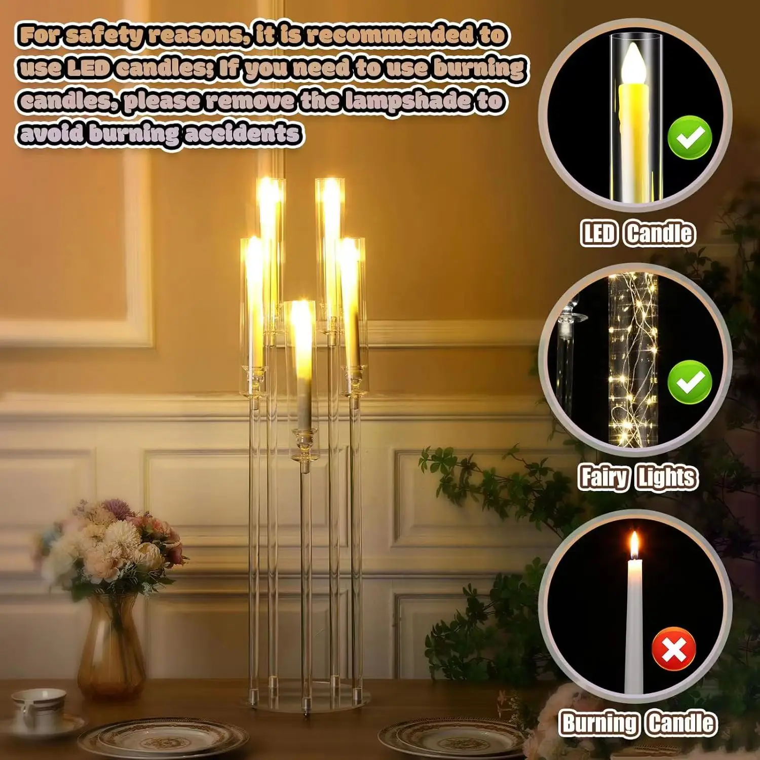 12PCS Acrylic 5 Arm Candelabra with 60pcs LED Candle for Wedding Clear Floor Candelabra Candlestick Holder for Table Centerpiece view 4