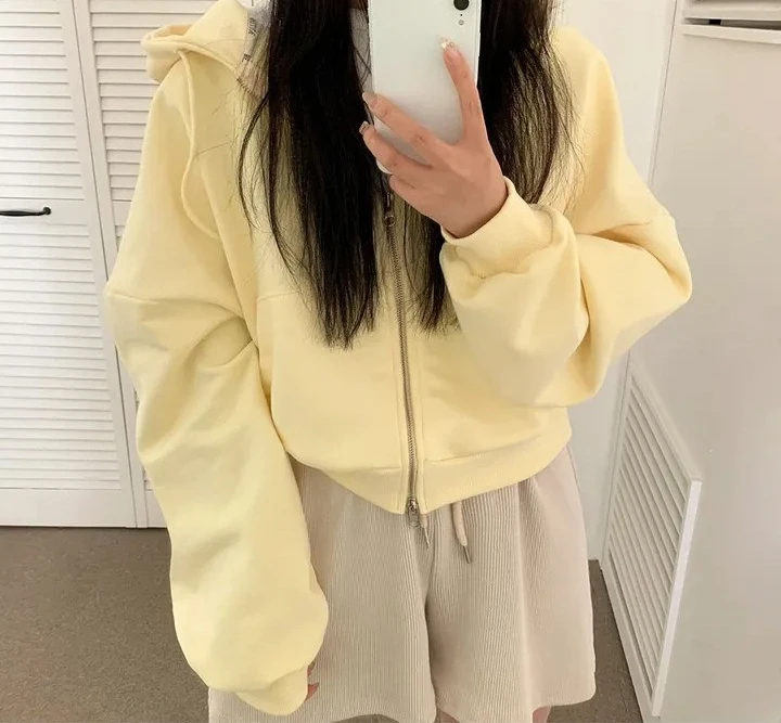 Autumn Lazy Style Casual Hooded Personality Double Zipper Fleece Thick Hoodie Jacket for Women