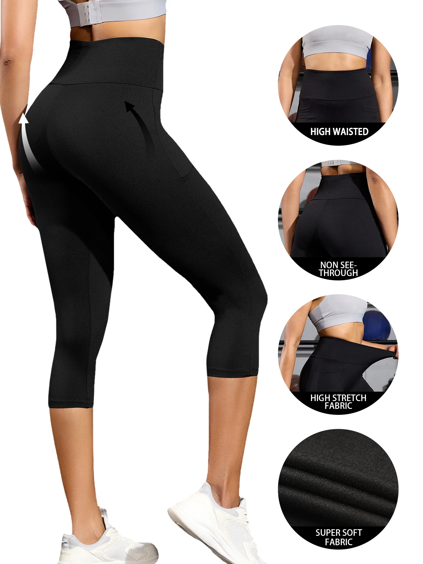 ハイウエストカプリパンツ レディース ポケット付き お腹シェイプ 透けにくい ワークアウト ランニング ヨガ アスレチック プッシュアップ ジム レギンス