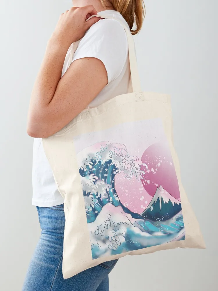 The Great Wave off Kanagawa con un amanecer rosa Tote Bag bolso ecológico bolsas plegables de entrega gratuita