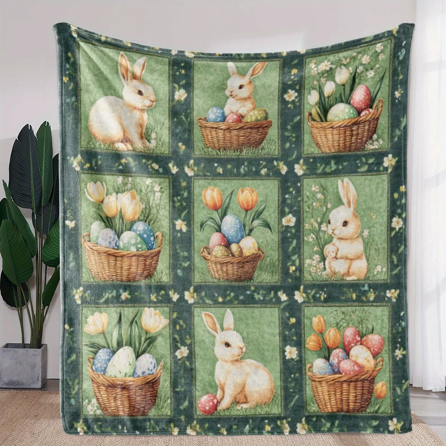 Easter Bunny Tulip Floral Egg Print Flannel Blanket, Soft Cozy Throw for Sofa Bed Car Office Camping Travel, Pastel Spring Gift