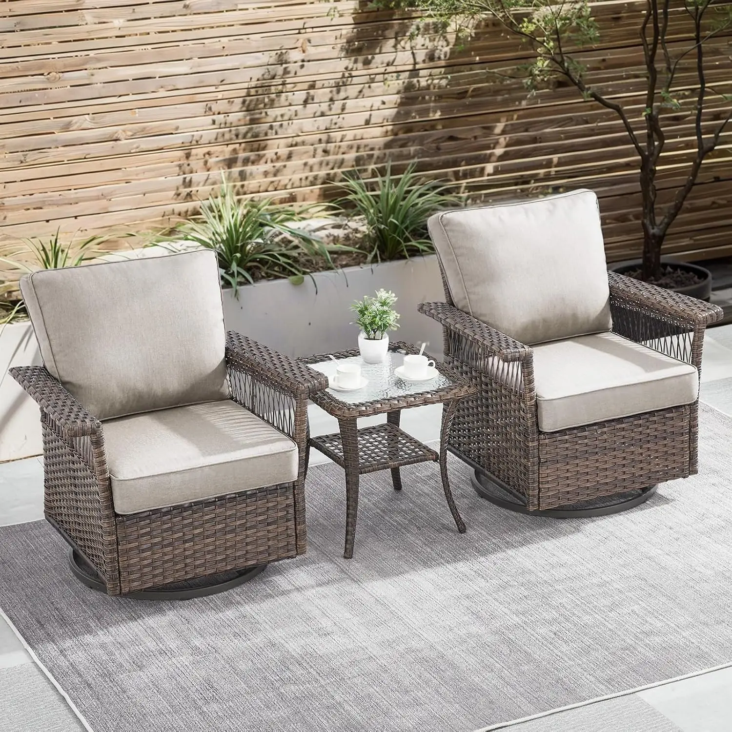 Outdoor Swivel Glider Chairs 3-Piece Wicker Patio Set with Side Table, High Back Rocker for Balcony Porch Deck, Customized