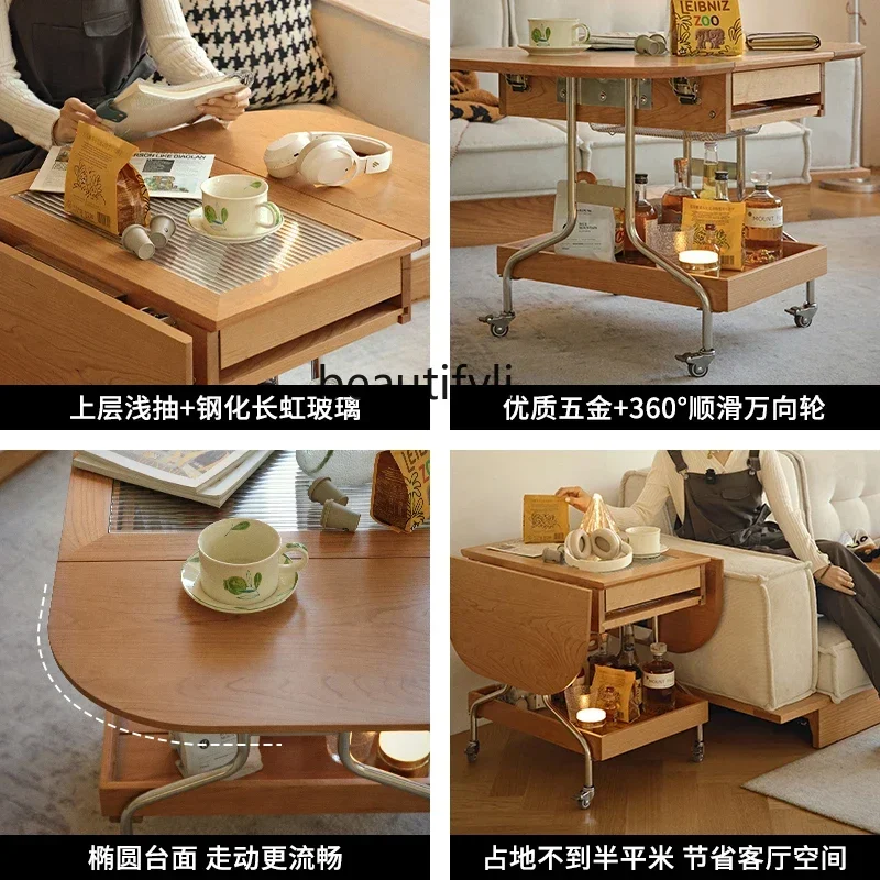 Nordic solid wood movable folding coffee table living room side few cherry wood storage trolley9344