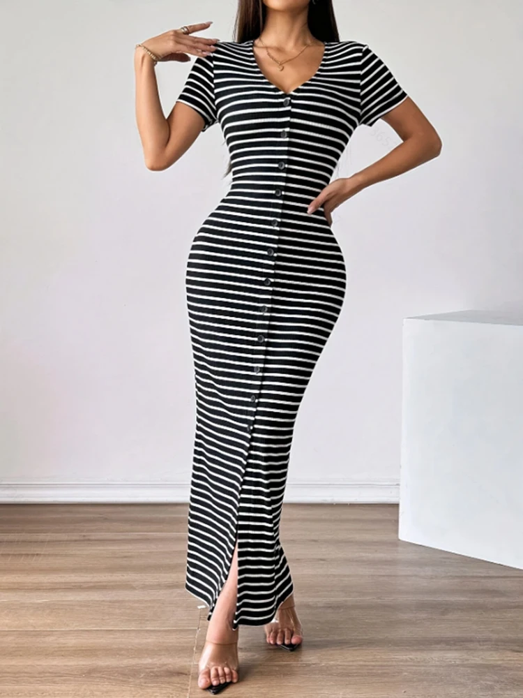 New Elegant Ladies Fashion Striped Open Collar Dress Sophisticated Women's Clothing Trendy Style