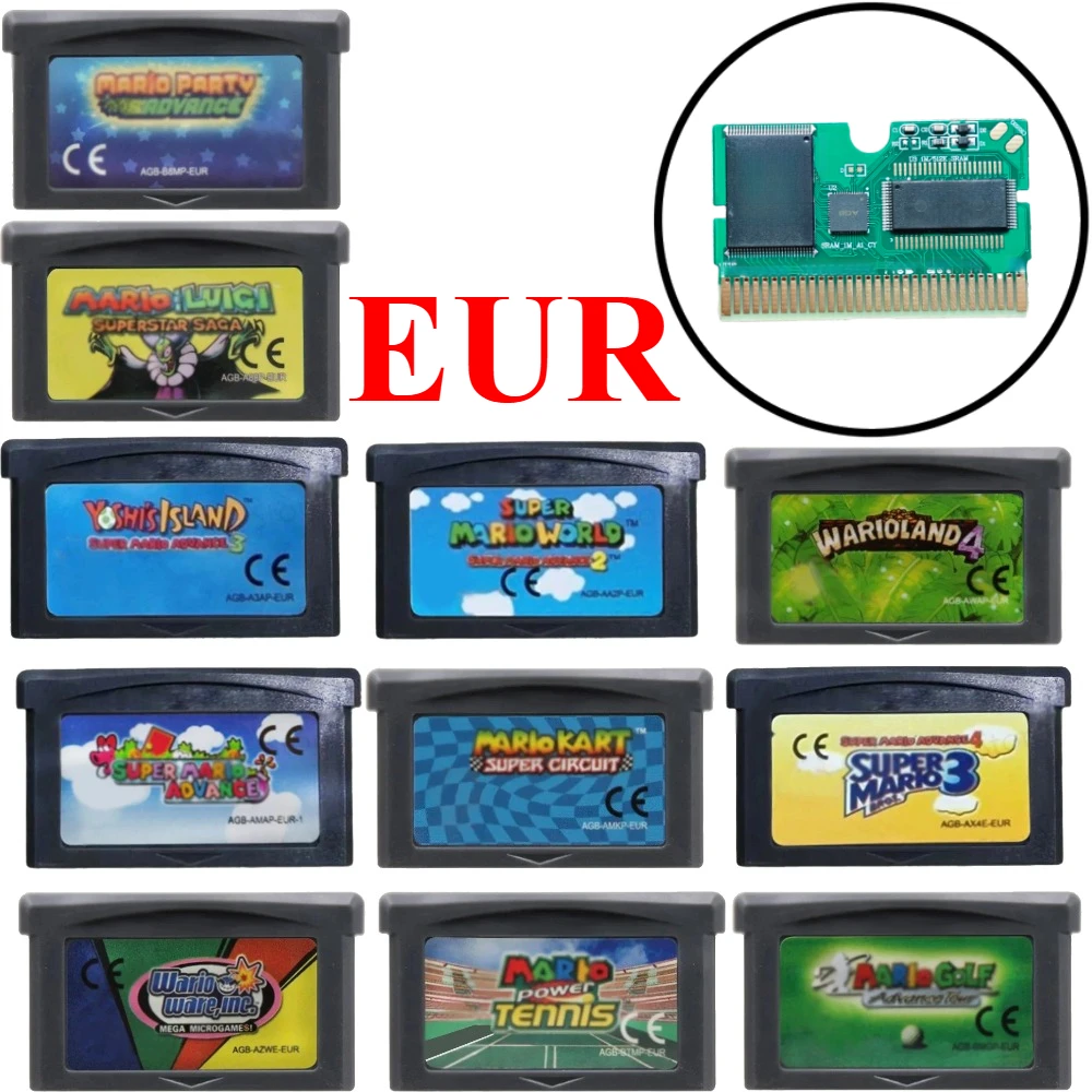 Cartucho de Jogo GBA 32 Bits para Console de Videogame - Série Mario: Super Mario Bros, Wario Land 4, Mario Golf, Mario Kart - Versão Europeia