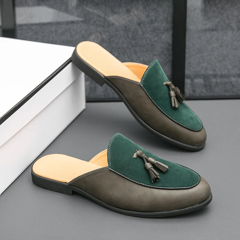 Summer Half Shoes For Men Leather Semi-Drag Casual Shoes Men's Loafers Slippers Mules Sandals Tassel Backless Driving Shoes 2025