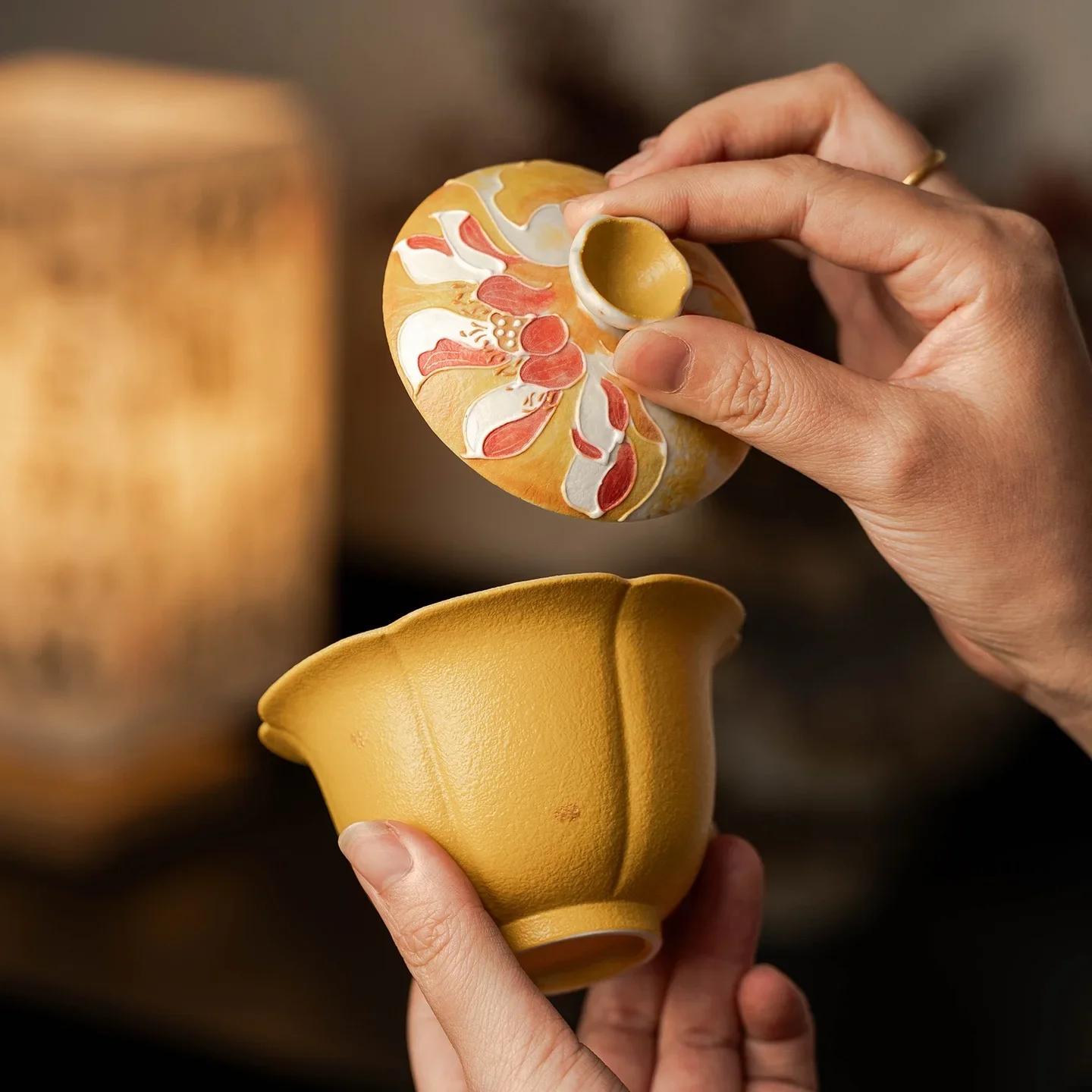 1PC Sprinkling Gold Ceramic Cover Bowl Hand-painted Ginkgo Flower Mouth Brewing Tea Bowl Teacup Household Not Hot Kung Fu TeaSet