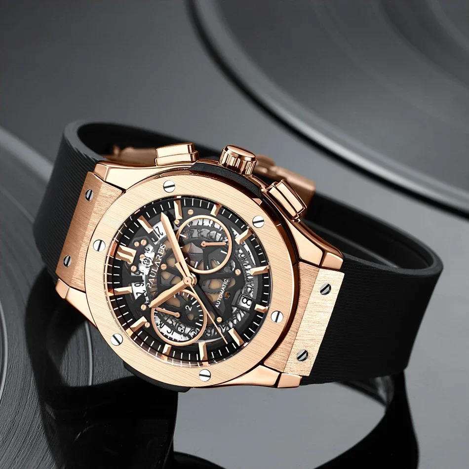 Men Quartz Chronograph Skeleton See Through Automatic Titanium Style Rose Gold Silver Black Rubber Strap 45mm Watch