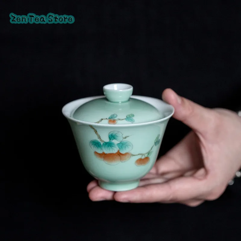 Celadon Pure Hand-painted Persimmon Two Small Cover Bowl Kung Fu Tea Set Home Tea Bowl Ceramic