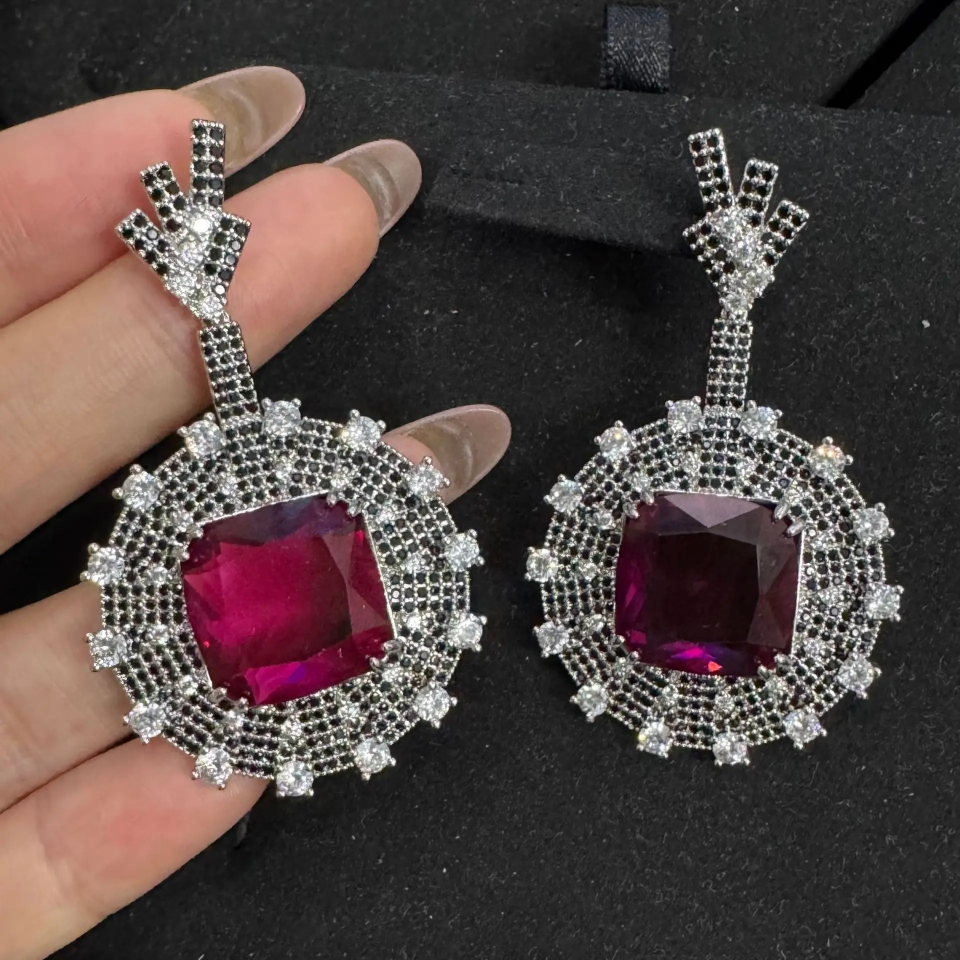 

Exaggerated 5A Red Ruby Rhodium Plated Earrings