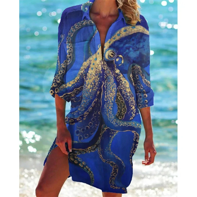 Hawaii Starfish Printed Sea Shirt Dress for Women Ladies Beach Sexy Blouses Outwear Shirt Long Sleeve Maxi Dress Vestidos Mujer