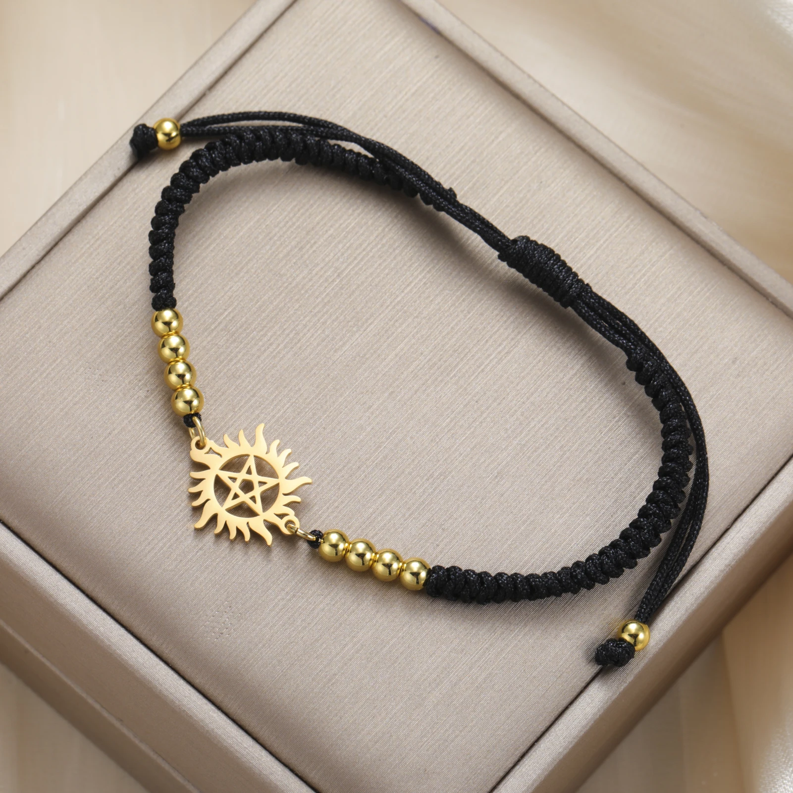 LIKGREAT السحر الخماسي سوار الشمس الخماسي أساور المنسوجة سلسلة قابل للتعديل الفولاذ المقاوم للصدأ الويكا باقان ستار مجوهرات