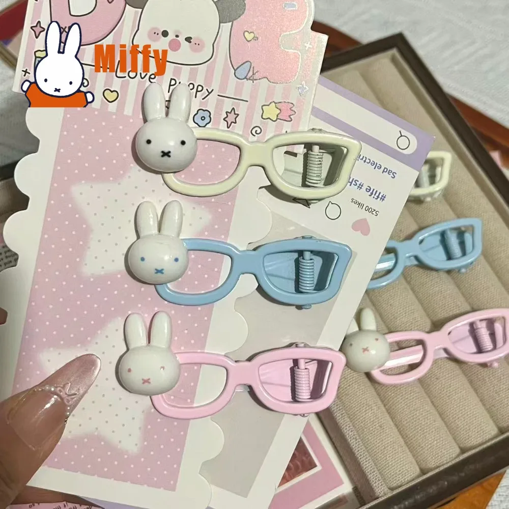 Kawaii Miffy Eyeglass Shape Hair Clip Cute Rabbit Cartoon Glasses Hairpin Pastel Blue Pink Cream School Daily Wear Girl Gift