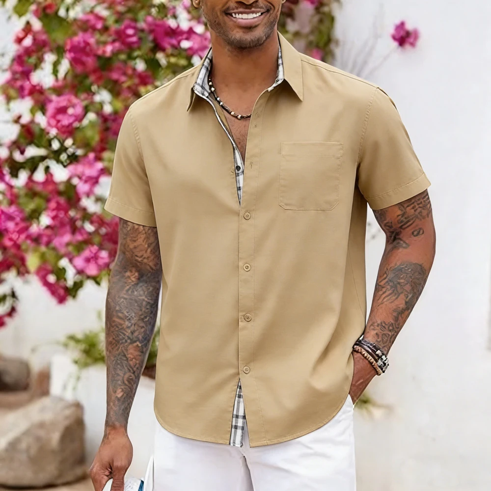 

Men's fashion casual short-sleeved shirt solid color trimmed 3D printed shirt Hawaiian vacation social mens clothes quick-drying