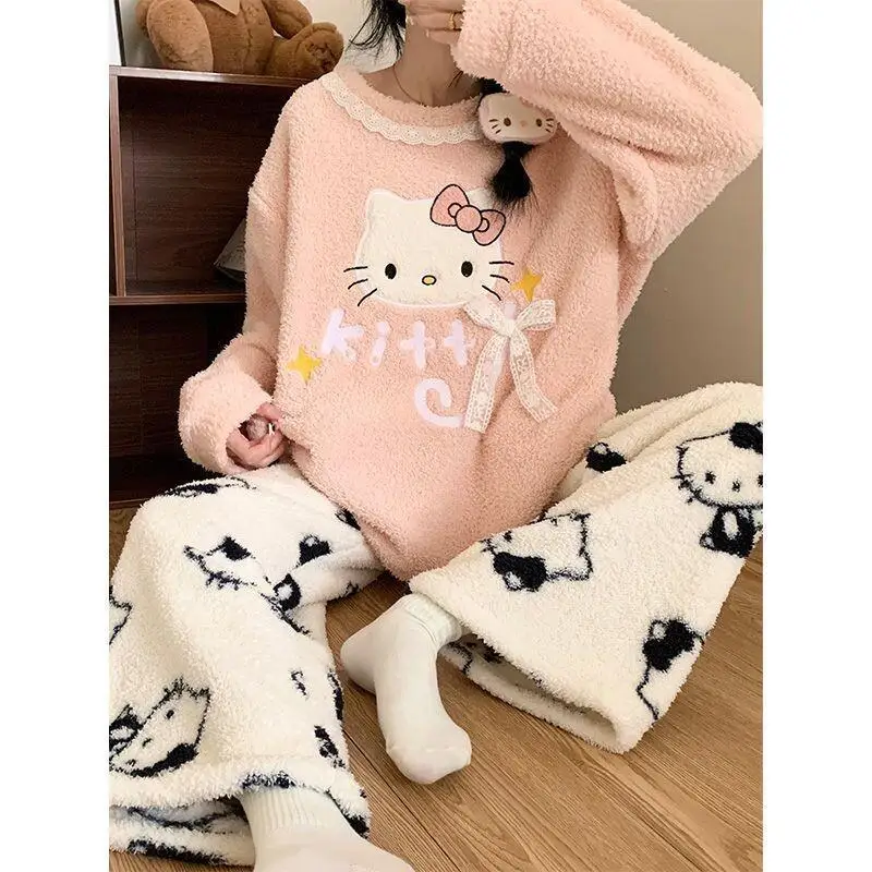 

Sanrio Hello Kitty Women's Plush Bow Pajama Set Autumn Winter Fleece Lined Warm Cozy Cute Kawaii Home Loungewear Sleepwear