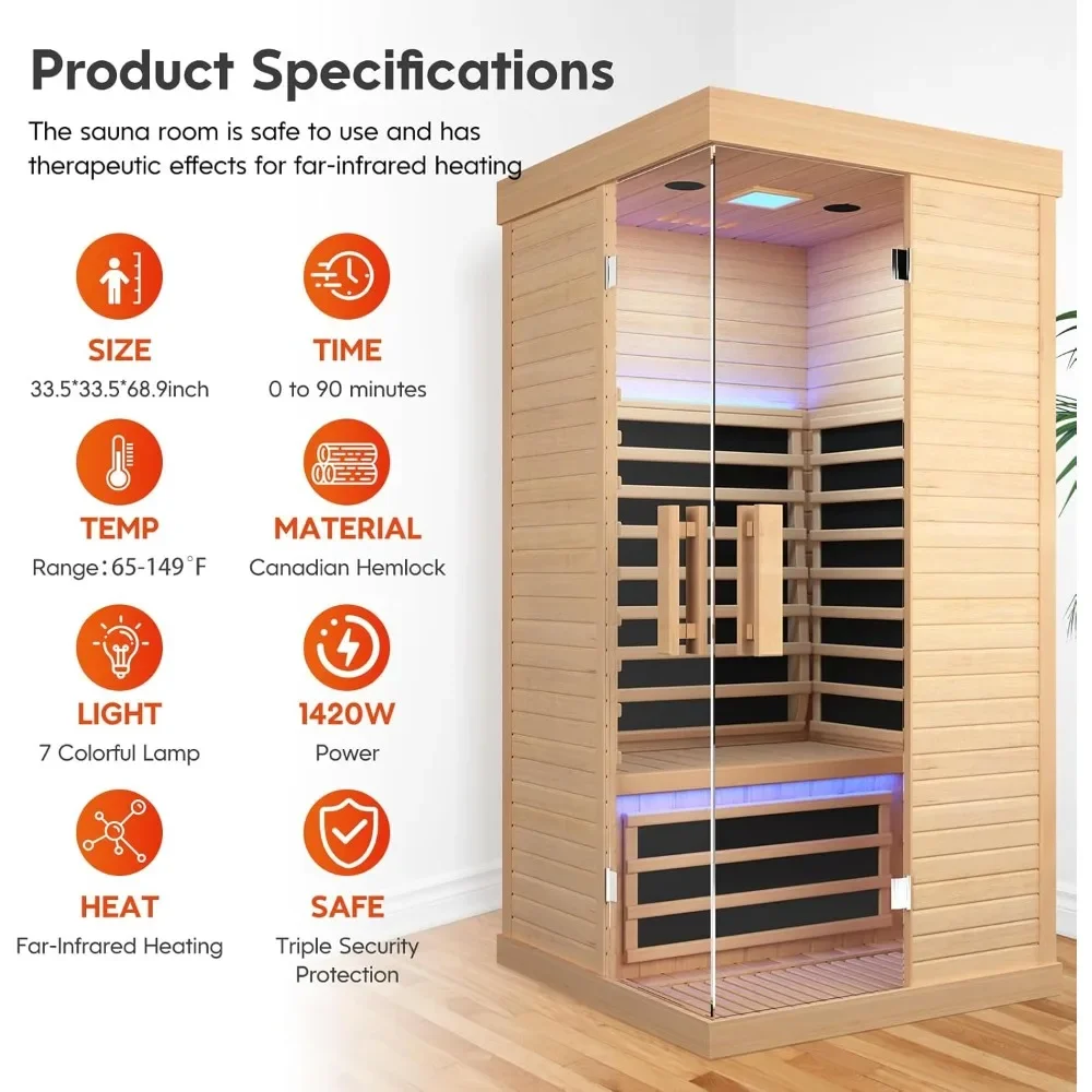 Far Infrared Saunas for Home Indoor Room 1 Person Wood Canadian Hemlock 1420W Low-EMF Dry Sauna with Oxygen Bar