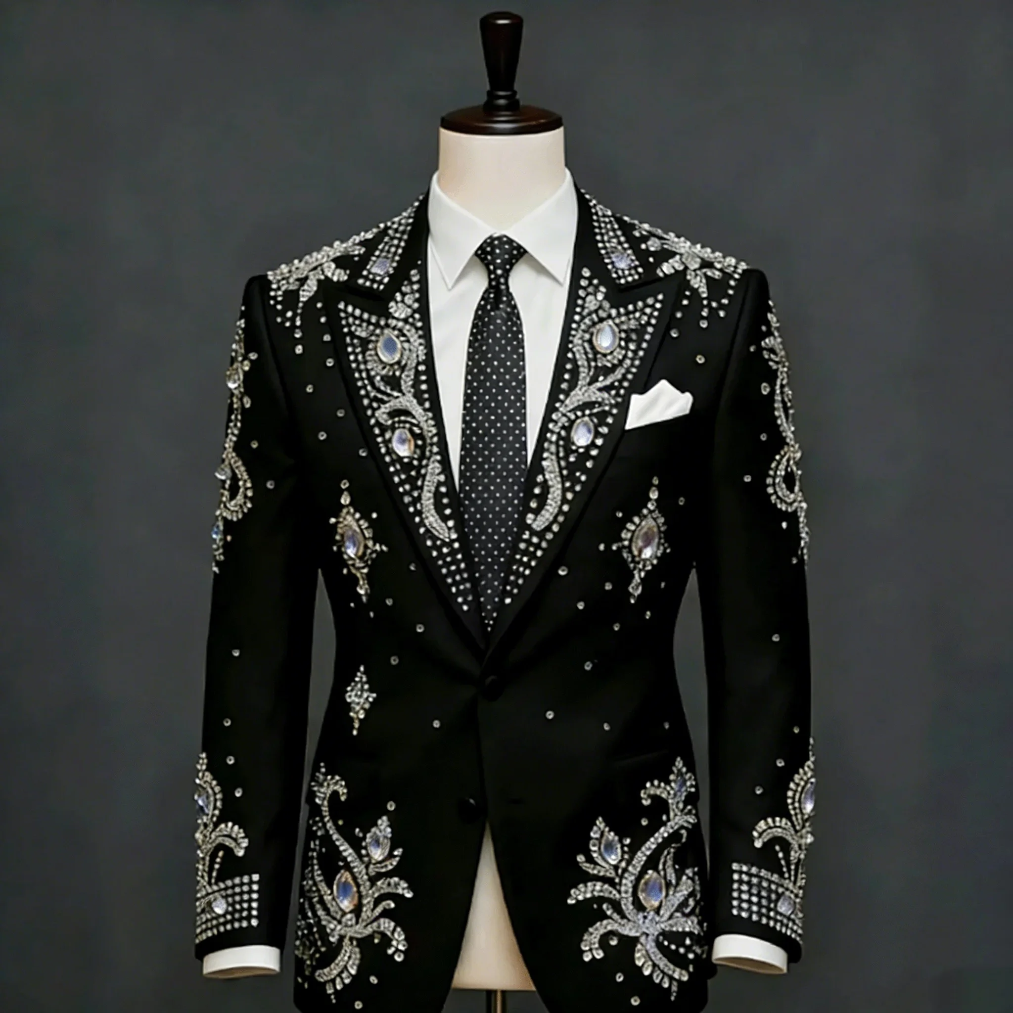 Elegant Crystal Diamond Men Tuxedos Rhinestones Beaded Slim Customized Luxury Groom Wear Pants Suits 2 Pieces Sets Male Blazers