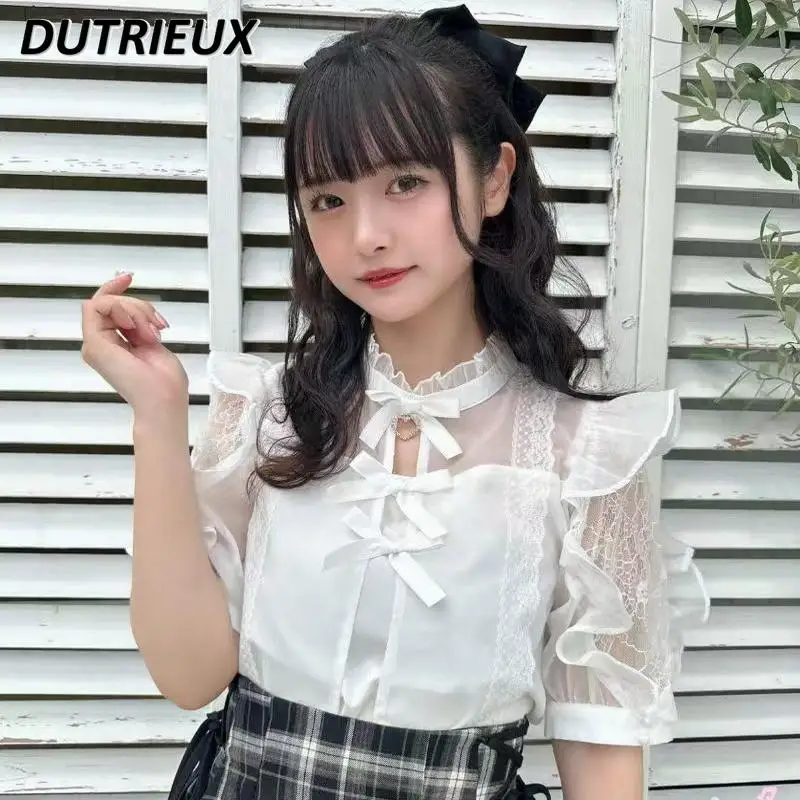 Autumn Rojita Blouse Mine Series Mass-produced Bow Solid Color Top Sweet Lace Splicing Pendant Hollow Short-sleeved Shirt