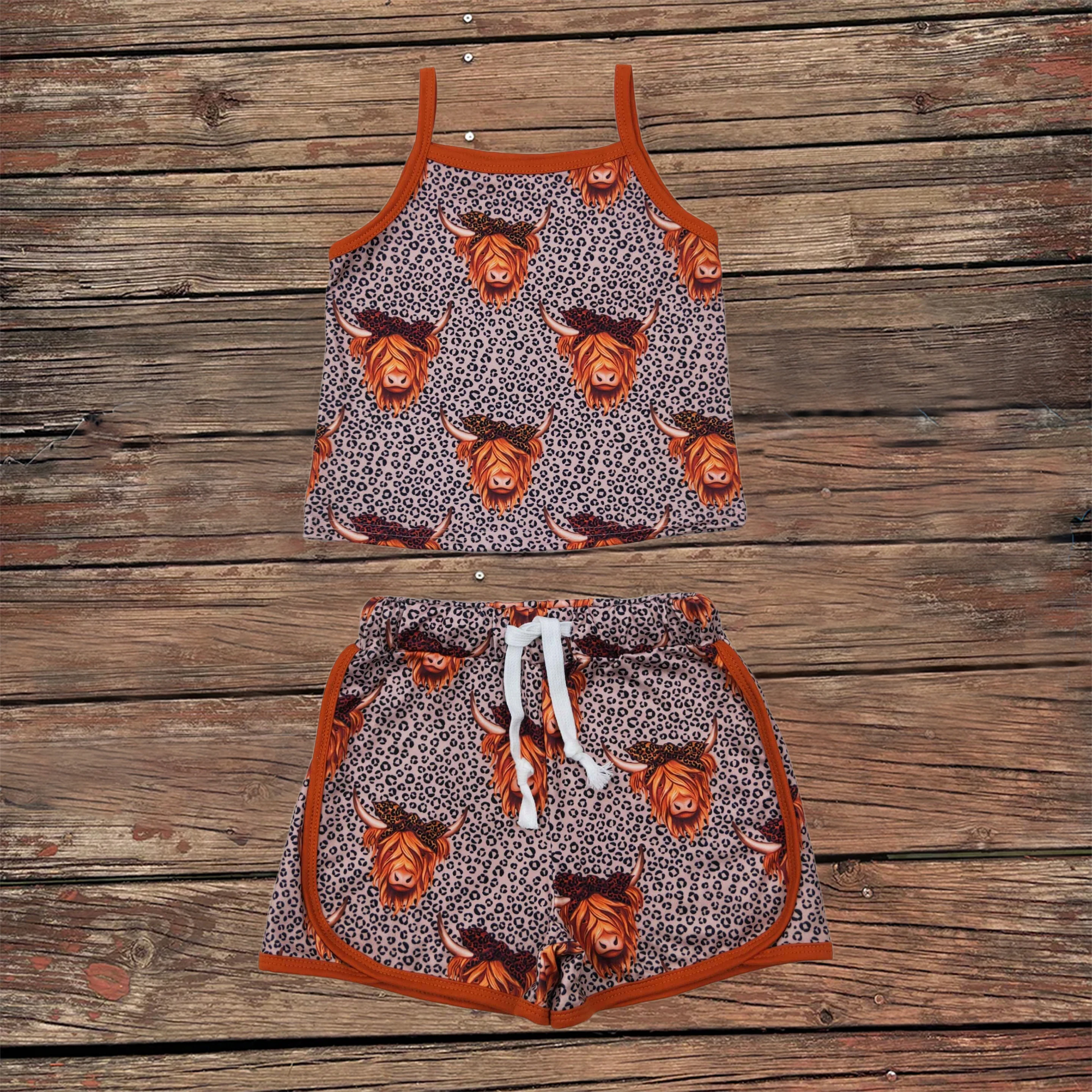 

Wholesale Baby Girl Sleepwear Sets Infant Brown Strap Leopard Shirt Highland Cows Shorts Outfit Summer Children Kids Pajamas