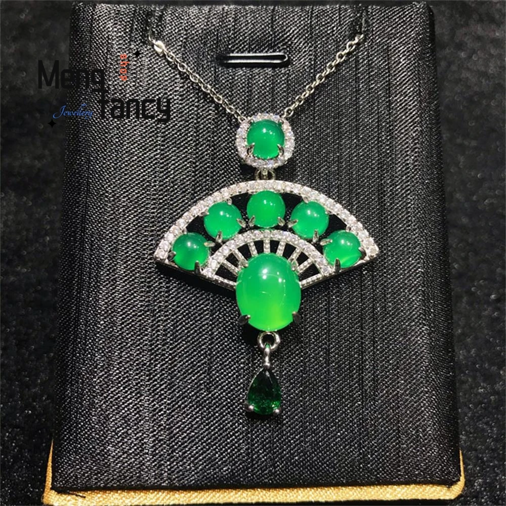 Natural Chalcedony S925 Silver Fan Pendant Charms Fashion Jewelry Mascots Clavicular Chain Couple Luxury Souvenir Holiday Gifts