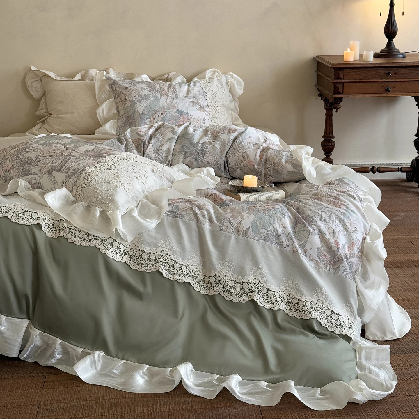 4Pcs French Romantic Floral Printed Egyptian Cotton Bedding Set With Lace Edge Duvet Cover Flat Sheet/Fitted Sheet Pillowcases
