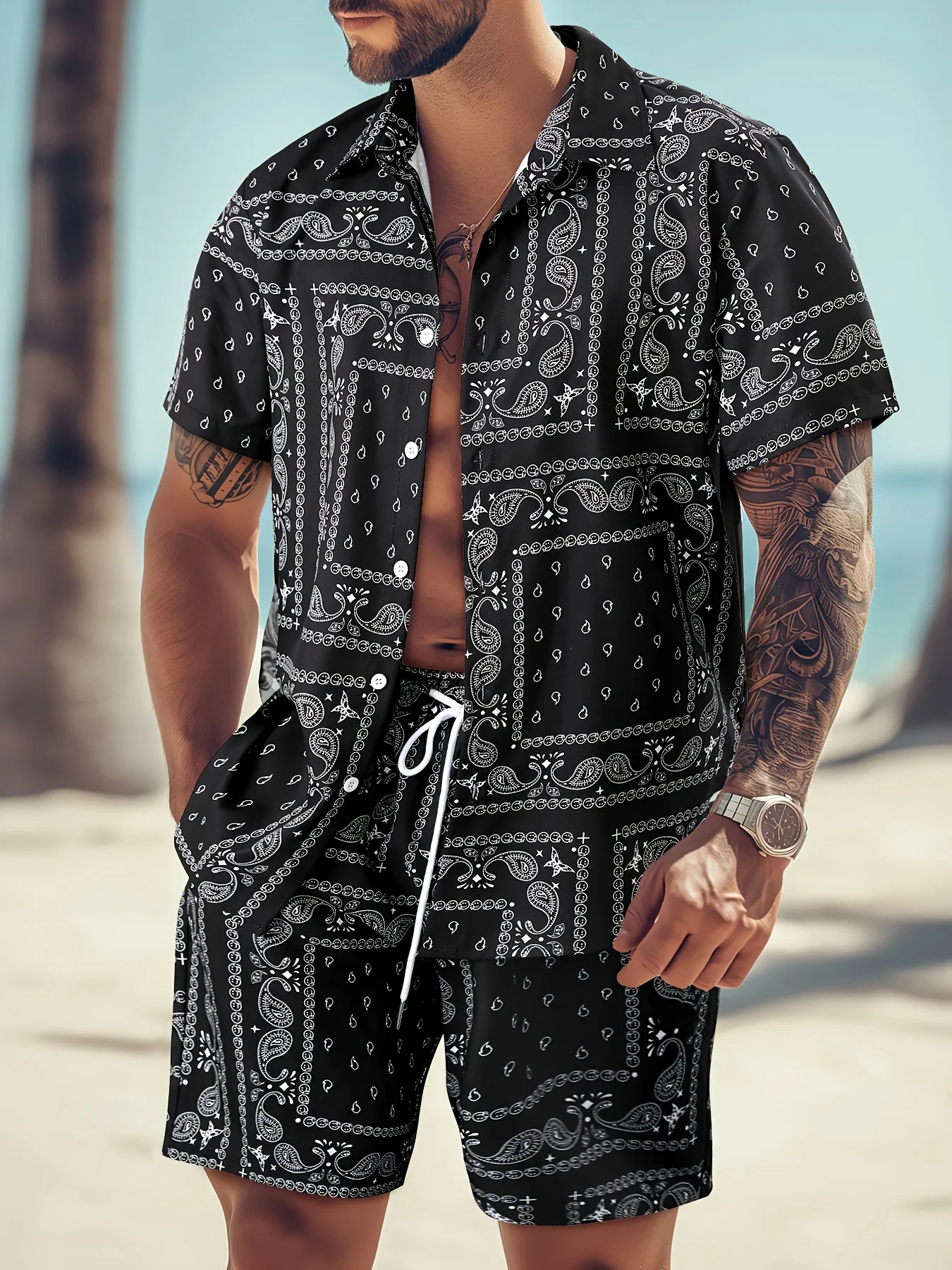2pcs Fashion Men's Paisley Print Shorts Shirt Set Drawstring Waist Summer Beachwear White with Black Floral Prints Asian Size
