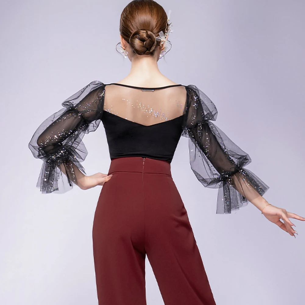 Фиолетовая одежда, новая женская тренировочная одежда, топ с длинными рукавами и круглым вырезом, черная синяя рубашка для танцев самбы, сетка