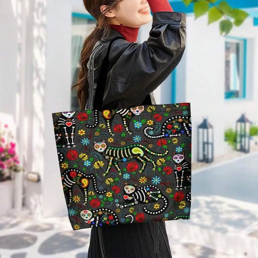 

Dia De Los Muertos Cat Tote Bag Sugar Skull Floral Design For Adults Unisex Casual Handbag