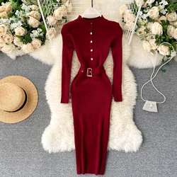 YuooMuoo Chic Fashion Sexy Package Hips Knitted Bodycon Dress Autumn Winter Women Soft Elastic Black Sweater Dress with Belt