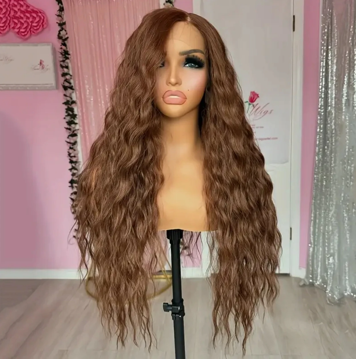 شعر مستعار بني مجعد طويل الاصطناعية الدانتيل الجبهة الباروكات للنساء فضفاض مجعد الدانتيل الباروكة بني فاتح شعر مستعار موجة طبيعية الاستخدام اليومي تأثيري #3