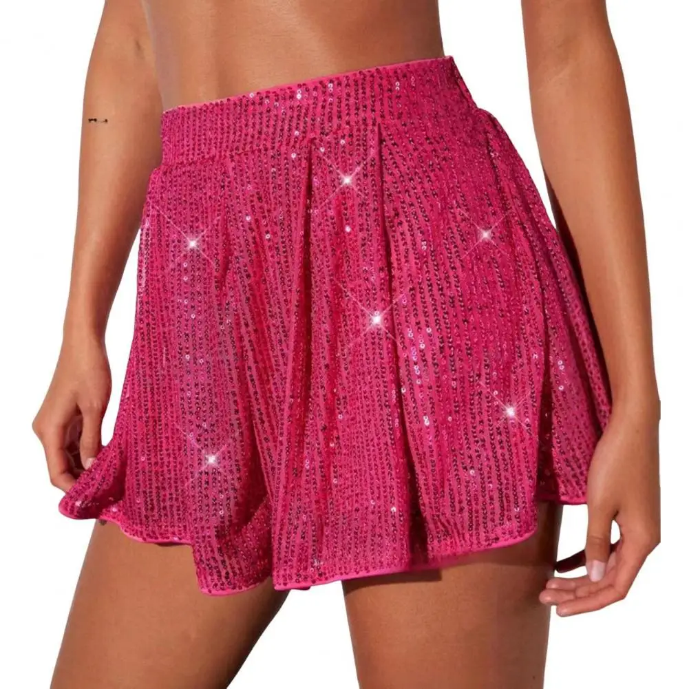 

Solid Color Shorts Sparkling Sequin Dance Shorts For Women High Waist A-line Performance Shorts Shimmering Above Knee Length