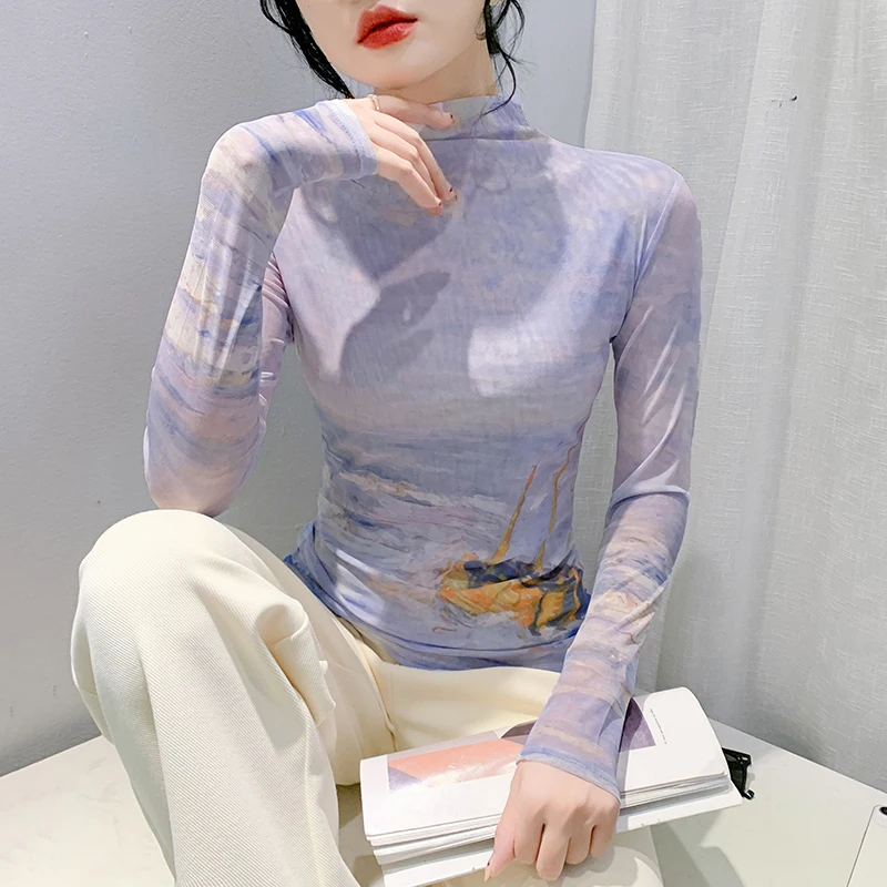 Faionable Ombre Me Base irt Alta Elástica Longa Sve Camiseta Feminina Apertada Desgaste Interno Commute Sle Versão Coreana Nylo...