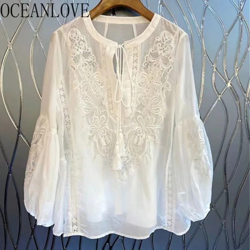 OCEANLOVE Embroidered Spring Autumn Thin Women Shirts Loose White Elegant Blusas Feminina Korean Fashion Vintage Blouses