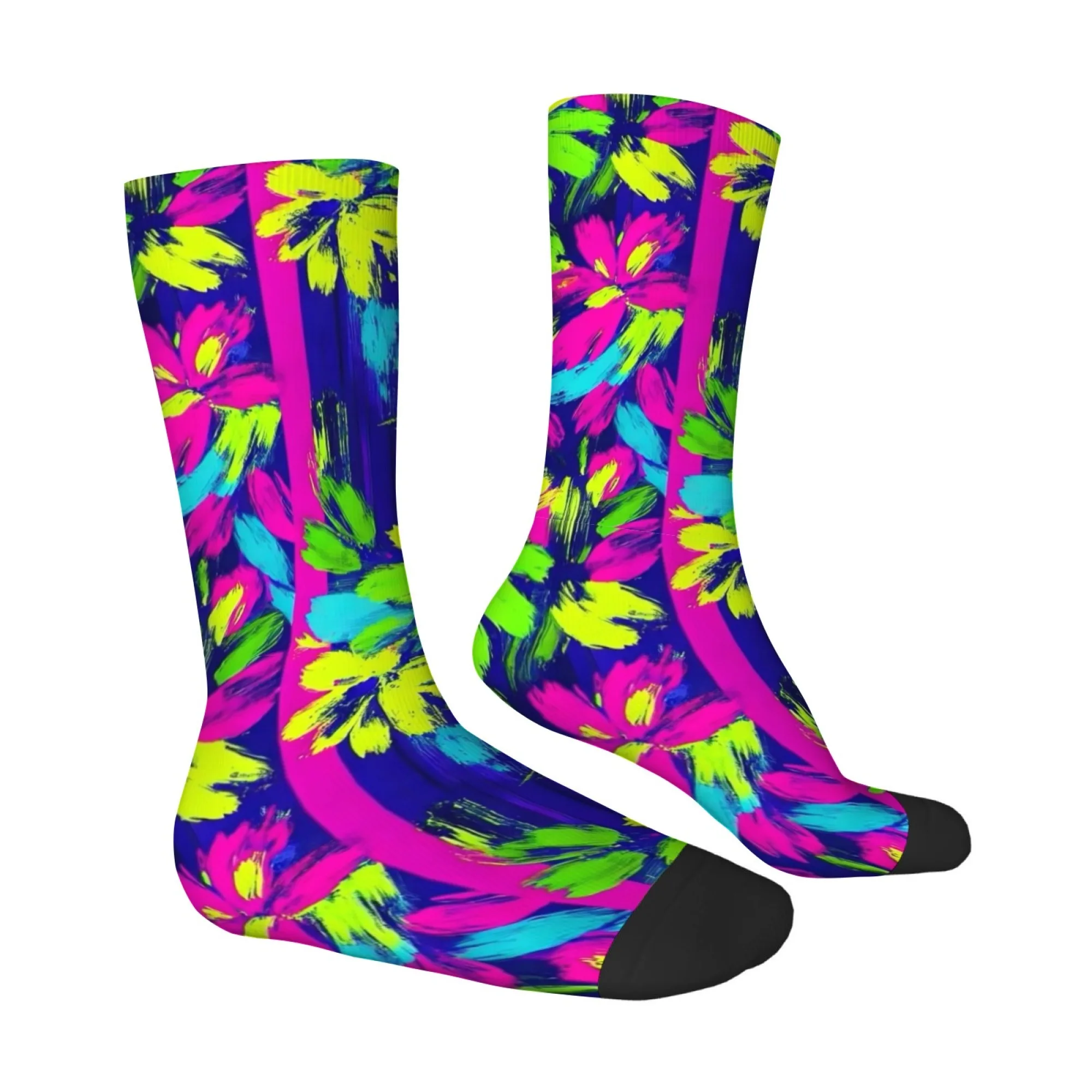 Retro-style Vibrant Neon Floral Socks Abstract Art Print Mid-calf Socks Trendy Street Style Comfortable and Durable Socks
