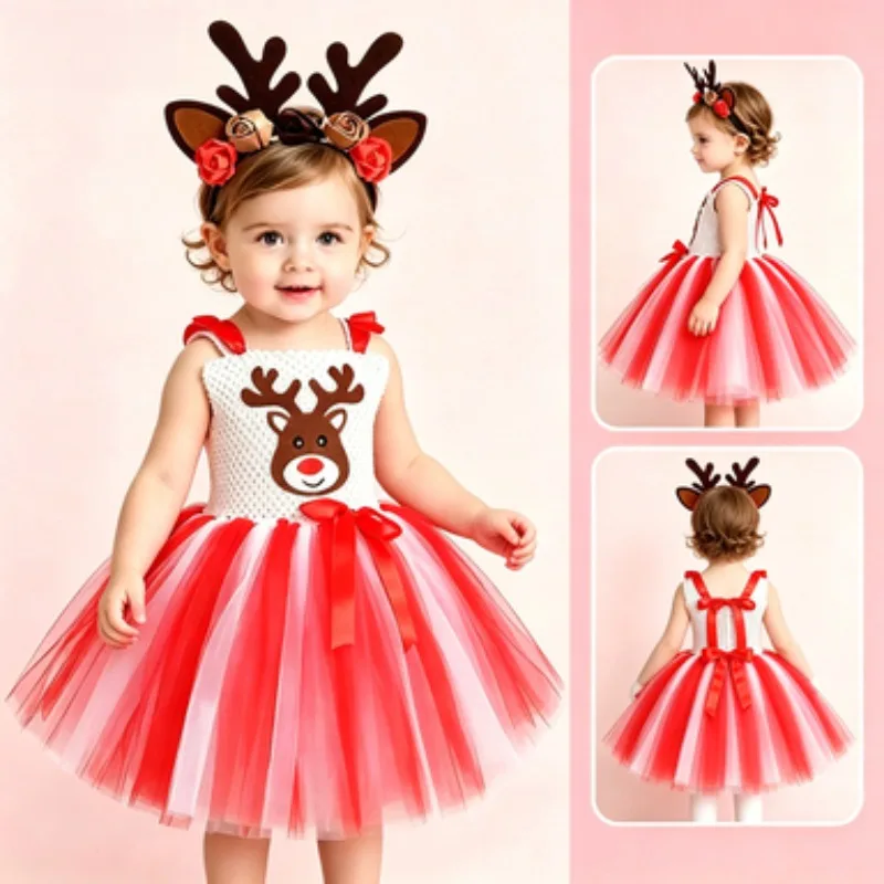 

Little Girls Christmas Reindeer Fluffy Dress Set, Cute Elk Outfit with Antler Headband, Halloween Party Performance Costume