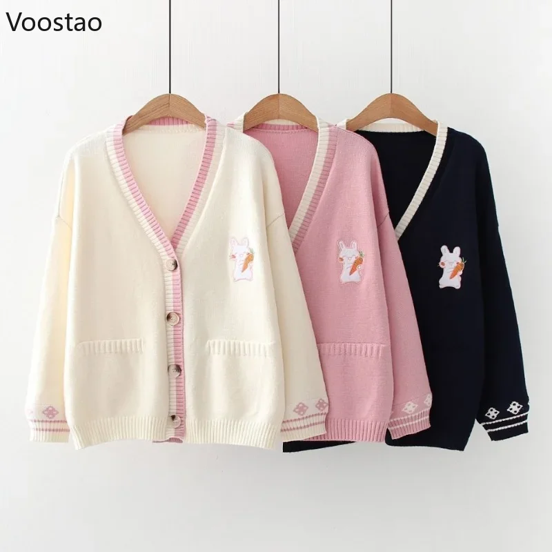 Autumn Kawaii Lolita Carrot Bunny Embroidery Sweater Girls Casual Cute Loose Knitted Cardigan Women Kawaii Rabbit Knitwear Coats