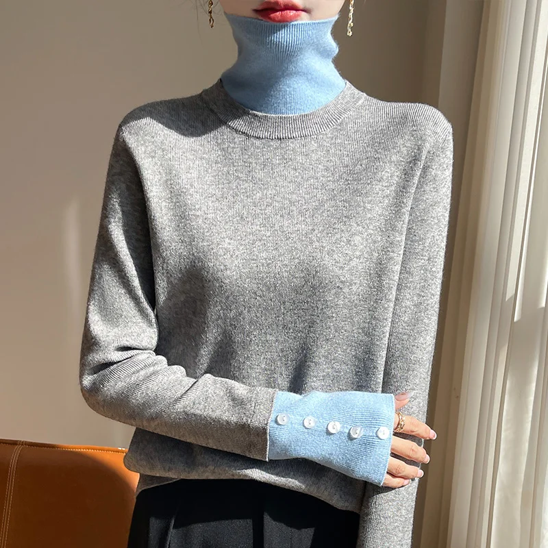 Women Splicing Color Contrast High Collar Sweater, Close Fitting, Comfort, Matching Color Wool Blend Base Sweater, Autumn Winter