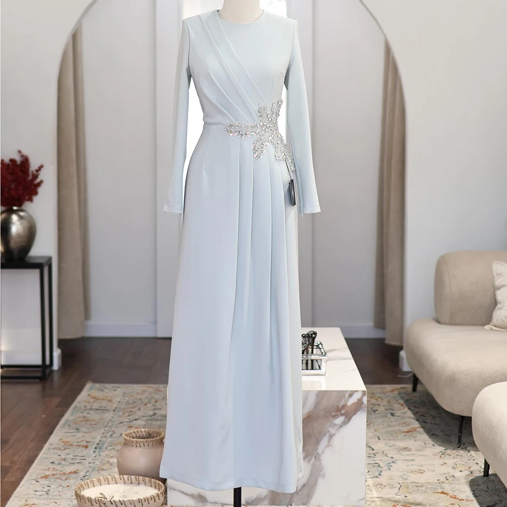 

Customized A-line Evening Dresses Floor-length O-neck Full Sleeve Prom Gown Simple Fashion Crystal Pleat Draped Party Gown