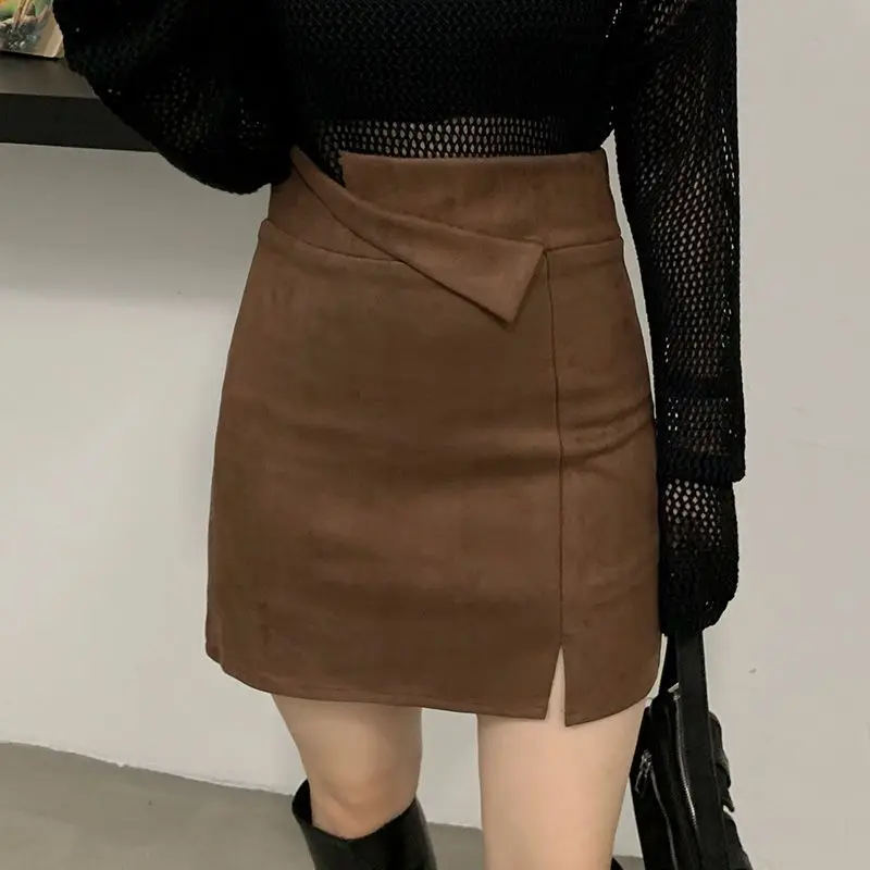 

Korean Fashion Autumn Winter Woolen Women Solid Zipper Asymmetrical Split Temperamen High Waist Short Slim A-line Hip Wrap Skirt