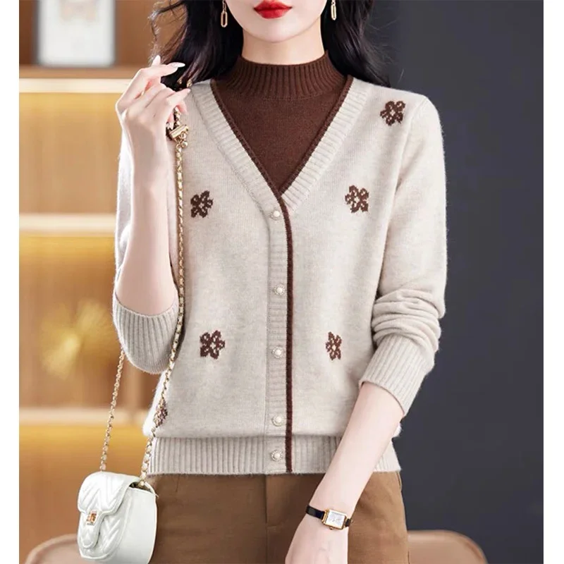 Pullover rajut wanita, Sweater wol rajutan setengah kerah tinggi tebal musim gugur musim dingin, Busana longgar Jacquard, pakaian rajut lembut elegan