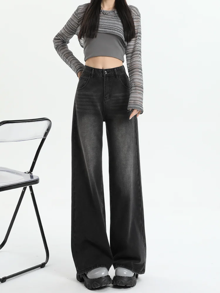 Black Gray American Retro Jeans Wide Leg Baggy Pants Streetwear Trousers Y2k Fashion Spice Girls Denim Pants Straight Jeans